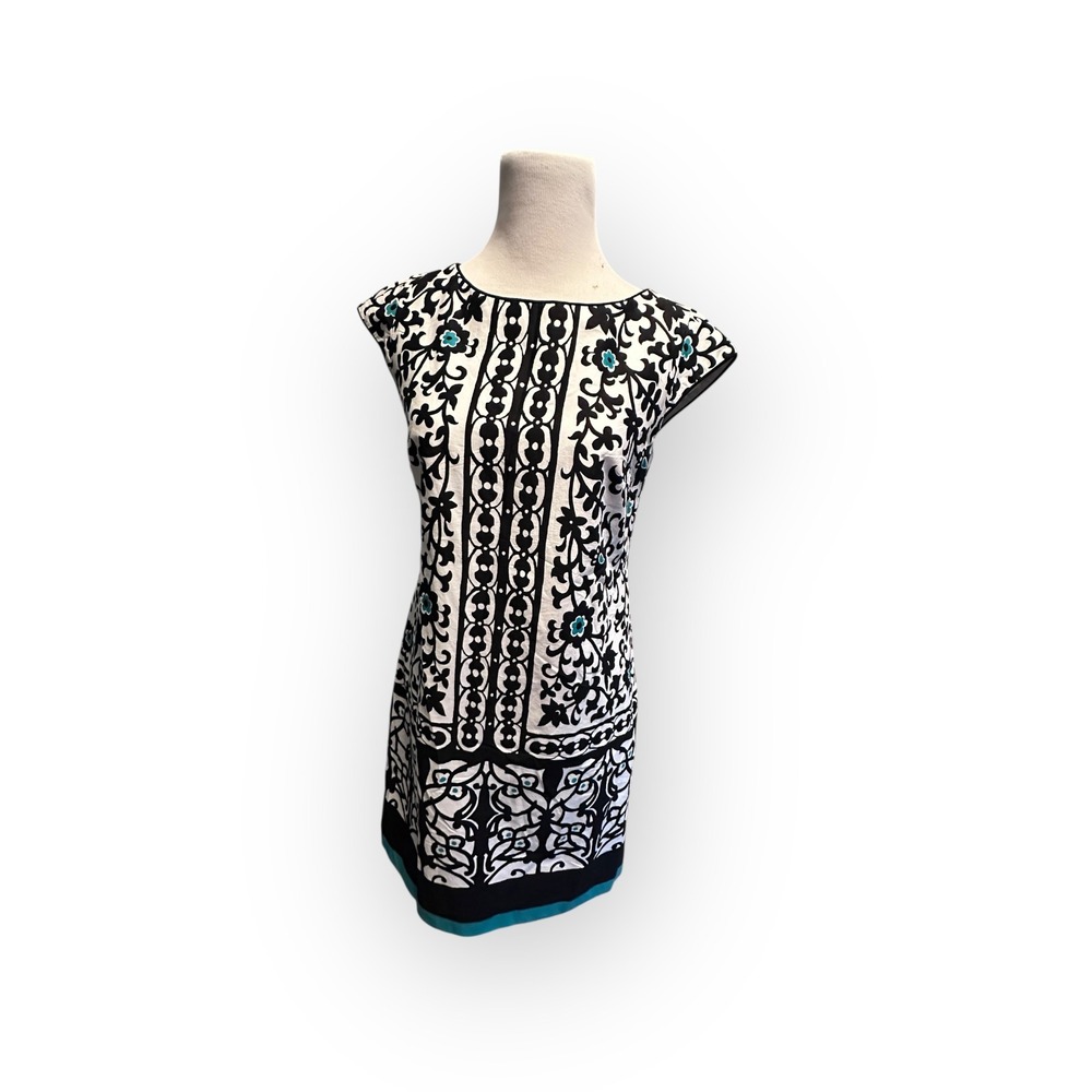 Liz Claiborne Sheath Dress Size 6 Black White Turquoise Scroll Border Print - Picture 4 of 16